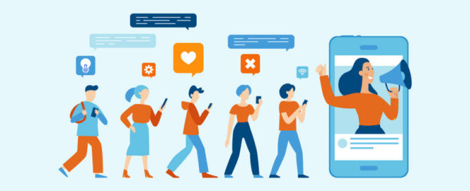 Illustration of an influencer promoting themselves to their followers.