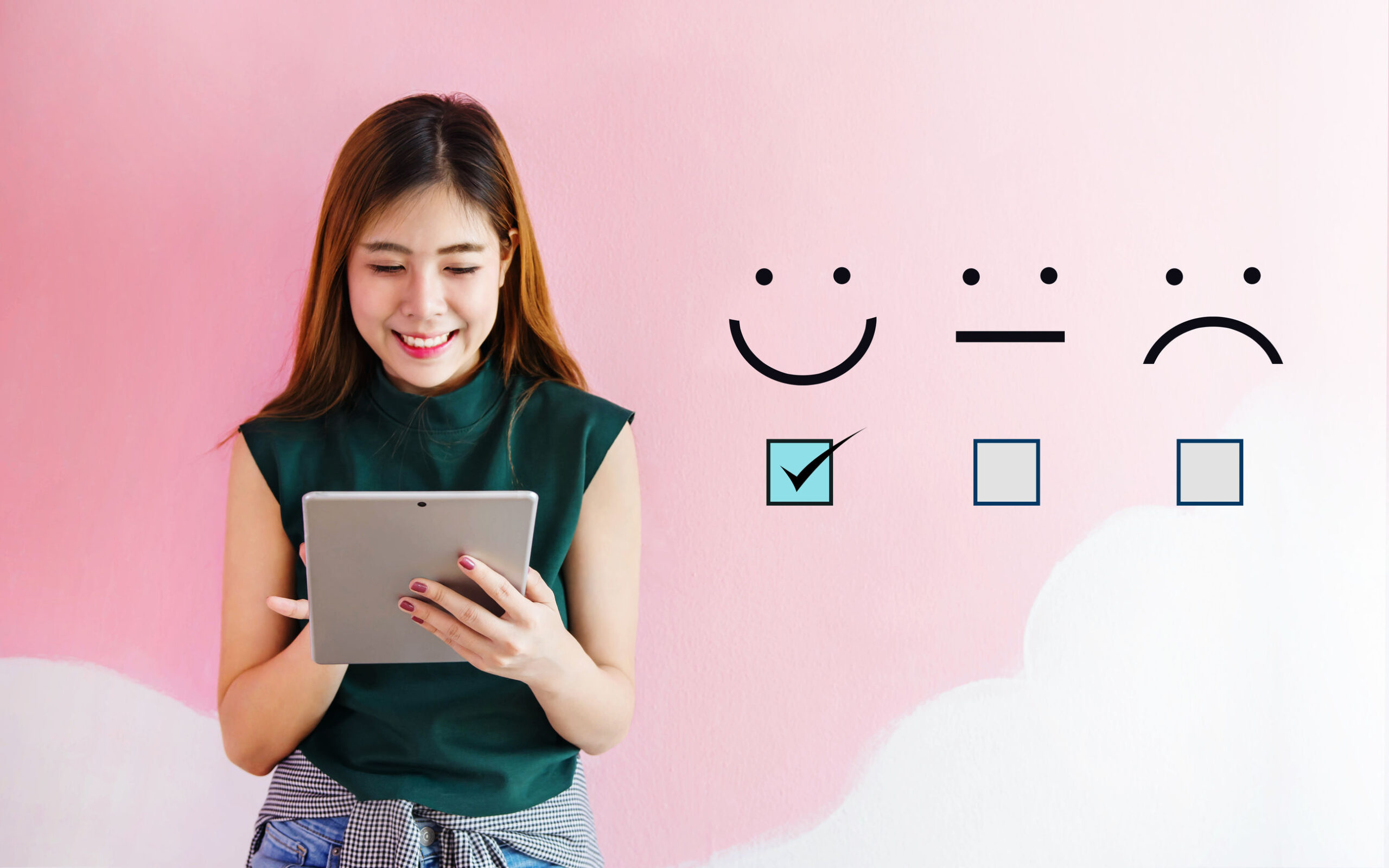 A woman leaving a positive online review.