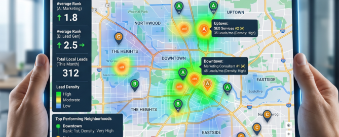 A digital map showing local search rankings and neighborhood-level lead generation density.