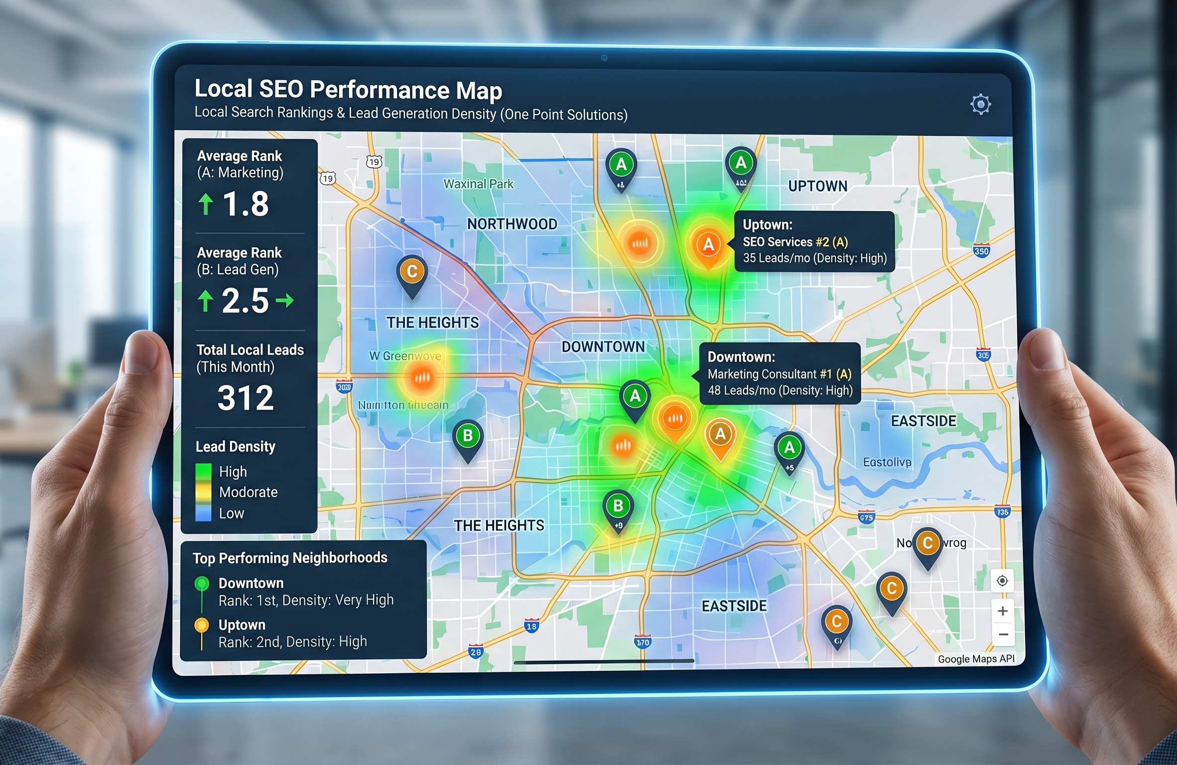 A digital map showing local search rankings and neighborhood-level lead generation density.