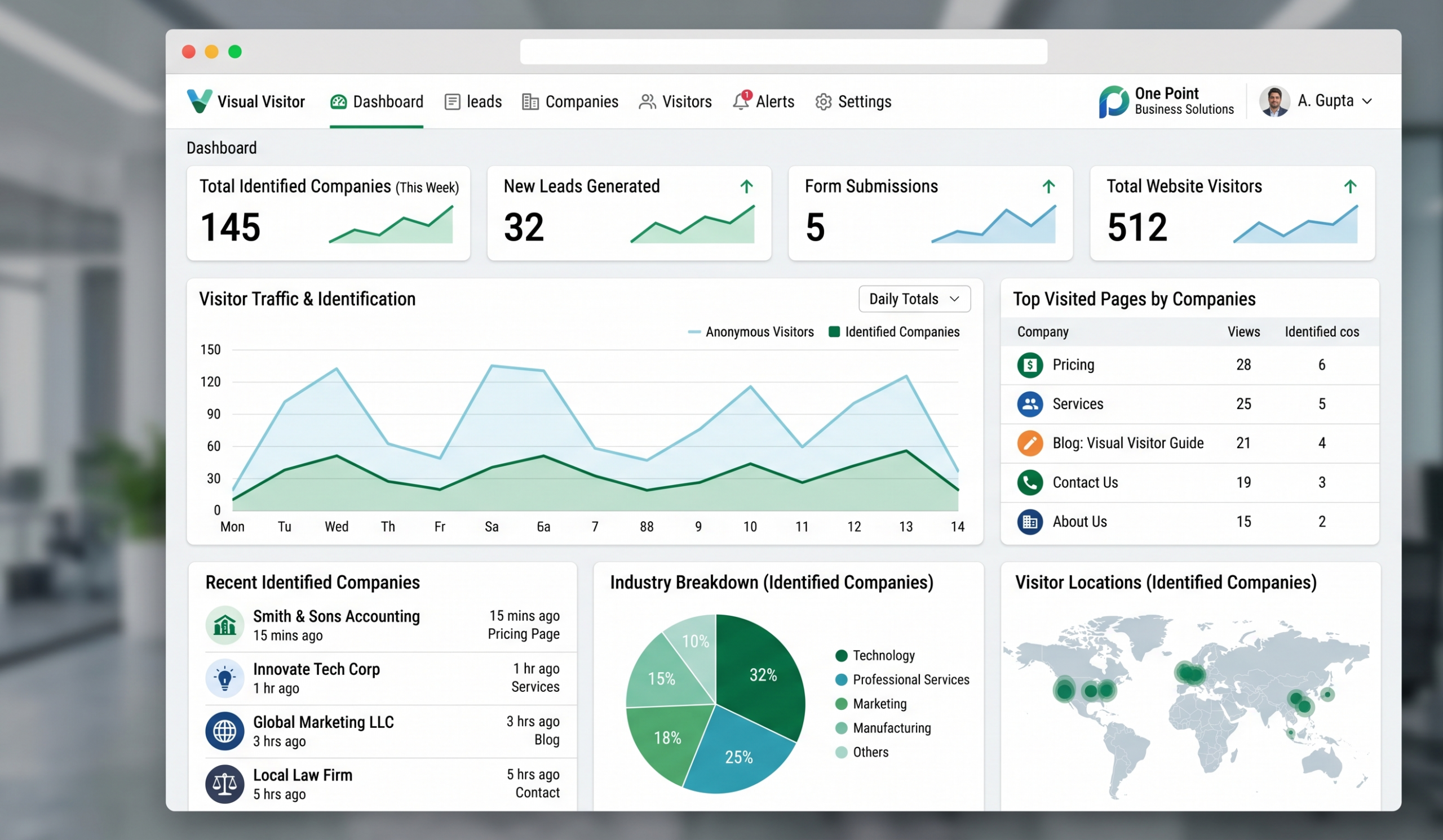 Dashboard showing Visual Visitor lead generation data and anonymous visitor tracking metrics.